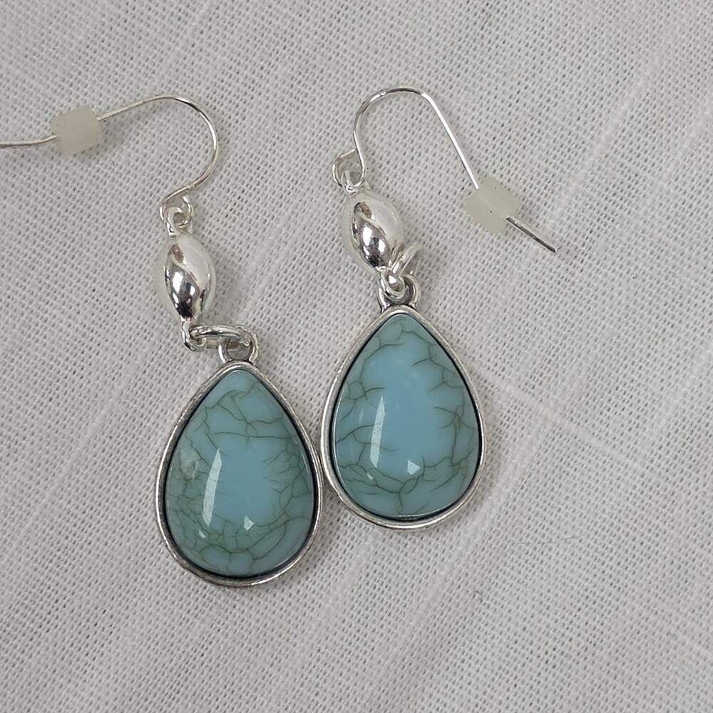 Silver Tone Faux Turquoise Teardrop Dangle Earrings Filigree Back Western Boho S